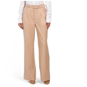 7 For All Mankind Coated Faux Leather Pleated Belted High Waist Pants Tan Medium